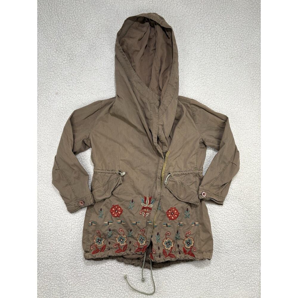 Kyla Seo Jacket Assymetrical Olive Green Embroidered Floral Small Cotton Hooded